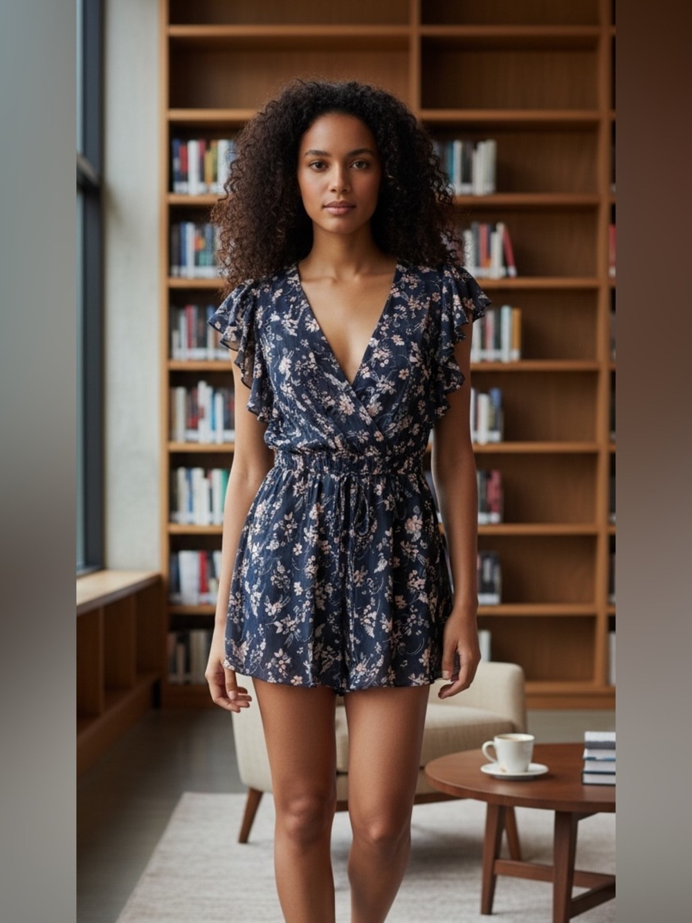 Navy Floral V-Neck Ruffled Romper